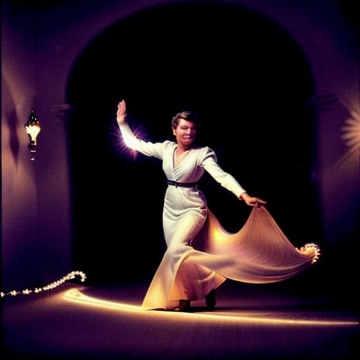 Prompt: ingrid bergman flying on a magic carpet, light trails applied, lord have mercy kind of emotional feeling evoked with what many refer to as ‘her headlights’ piercing the viewer’s eyes but in essence i’m alluding to the human external beauty 