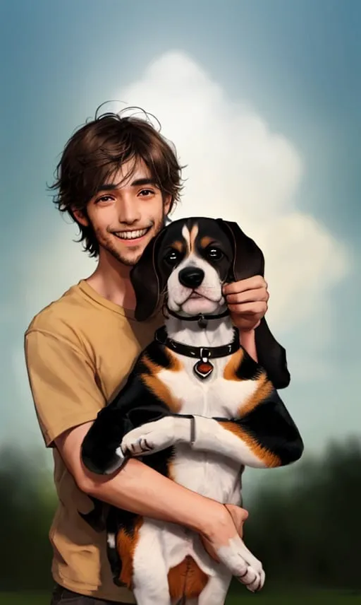 Prompt: smiling man hugging his cute smiling beagle 