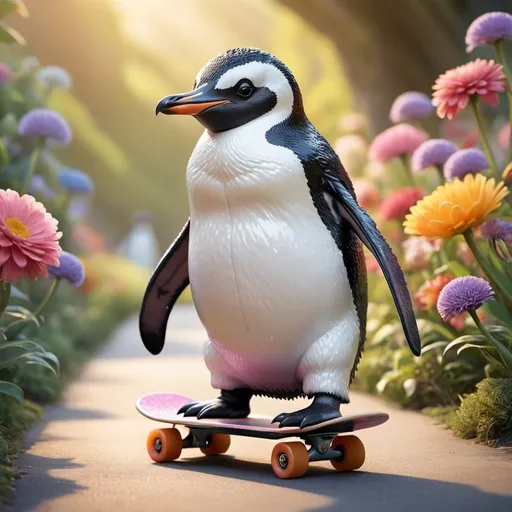 Prompt: An incredibly lifelike and photorealistic cute penguin on a skateboard. It stands on its hind legs, gazing directly at the viewer with expressive eyes, while its front paws gracefully cradle a vibrant flower, its petals gently swaying in the wind. The creature's fur is rendered with incredible detail, showcasing various shades of soft pastel colors, and its whiskers twitch delicately as it takes in its surroundings. The background is a lush, verdant landscape filled with towering trees, vibrant flowers, and rolling hills, all basking in the warm, golden light of a late afternoon sun. The volumetric lighting casts long, dramatic shadows across the ground, emphasizing the creature's fur and the intricate details of its surroundings. The image is meticulously crafted with an eye for maximalist photoillustration, evoking the style of artists like James Jean, Android Jones, and Jeff Koons, while also incorporating the vivid colors and intricate brushwork of Erin Hanson, Joe Fenton, Dan Mumford, and others. Rendered at an astonishing 8k resolution, every detail of the image pops with clarity and precision, transporting the viewer into this fantastical, whimsical world