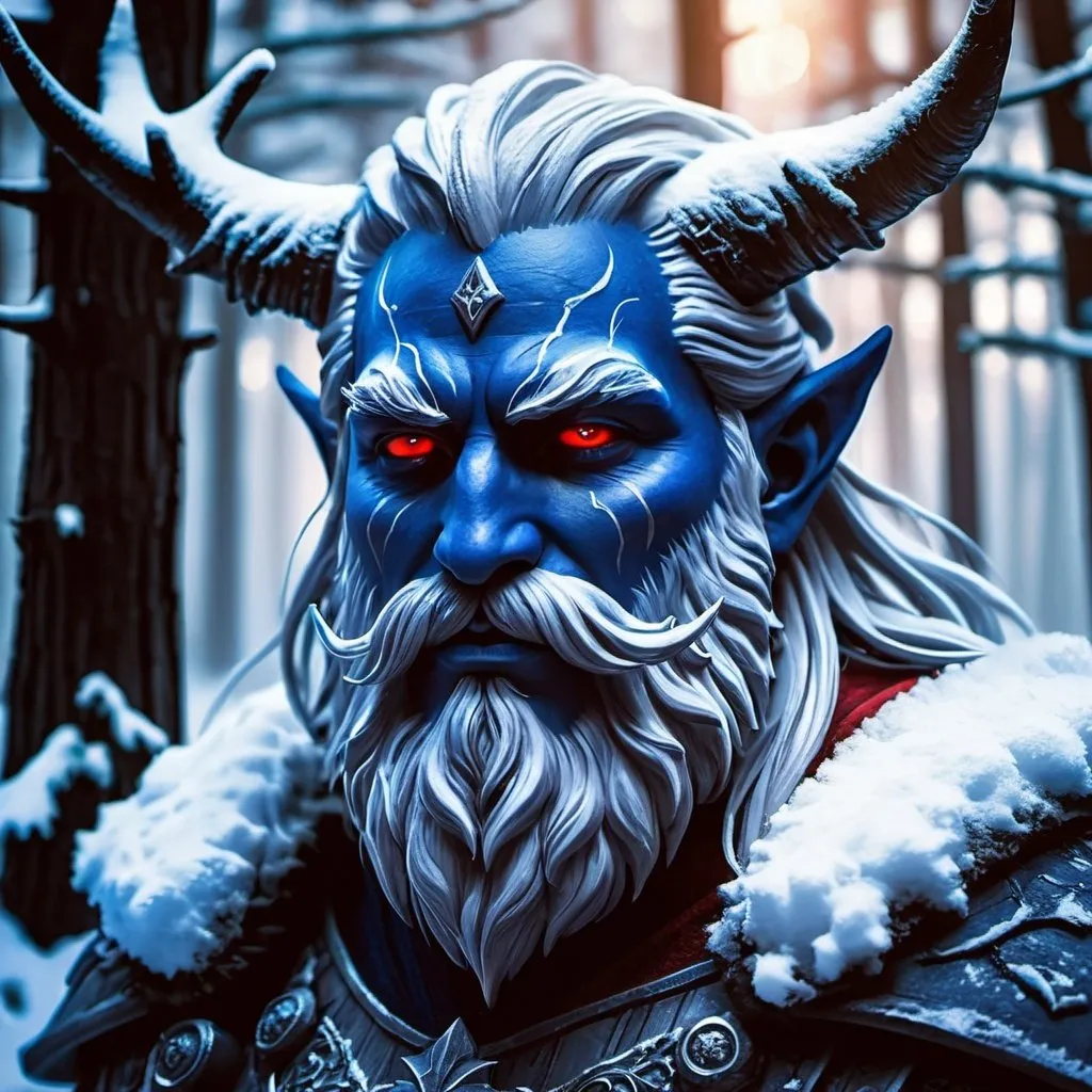 Prompt: forest snow guardian with a blue snow covered face and beard and red eyes, mystical snowy forest, epic fantasy character art, D&D character, concept art, Bromoil, fantasy art, 4k, ultra-detailed, mystical forest, snowy landscape, intense stare, rugged appearance, detailed facial hair, mystical atmosphere, fantasy setting, atmospheric lighting, cool and eerie tones, professional