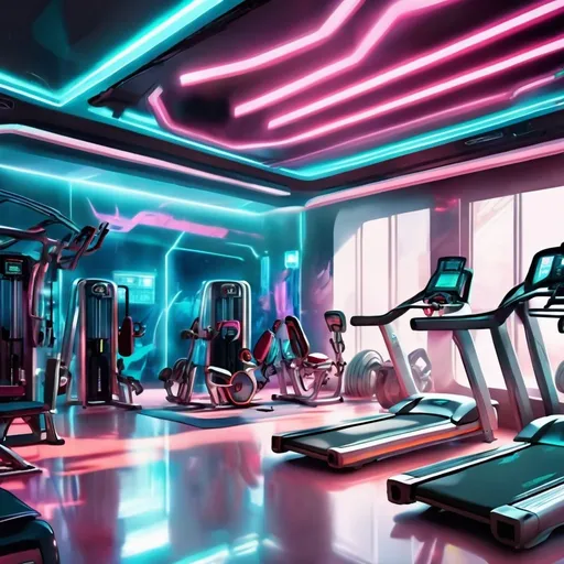 Prompt: High-tech anime gym with futuristic fitness equipment, virtual trainers, vibrant colors, detailed machinery, 4k, ultra-detailed, anime, futuristic, high-tech, vibrant colors, virtual trainers, detailed machinery, professional, advanced fitness equipment, cool tones, atmospheric lighting