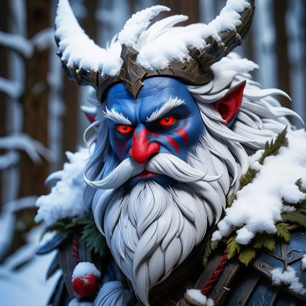 Prompt: forest snow guardian with a blue snow covered beard and red eyes, mystical snowy forest, epic fantasy character art, D&D character, concept art, Brom, fantasy art, 4k, ultra-detailed, mystical forest, snowy landscape, intense stare, rugged appearance, detailed facial hair, mystical atmosphere, fantasy setting, atmospheric lighting, cool and eerie tones, professional