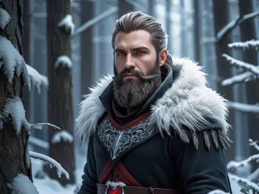 Prompt: Epic fantasy character art of a man with a beard and red eyes, snowy forest with tall trees and bushes, Brom, concept art, highres, fantasy art, detailed facial features, intense gaze, snowy landscape, atmospheric lighting, epic fantasy, cool tones, professional, 3D rendering, detailed beard