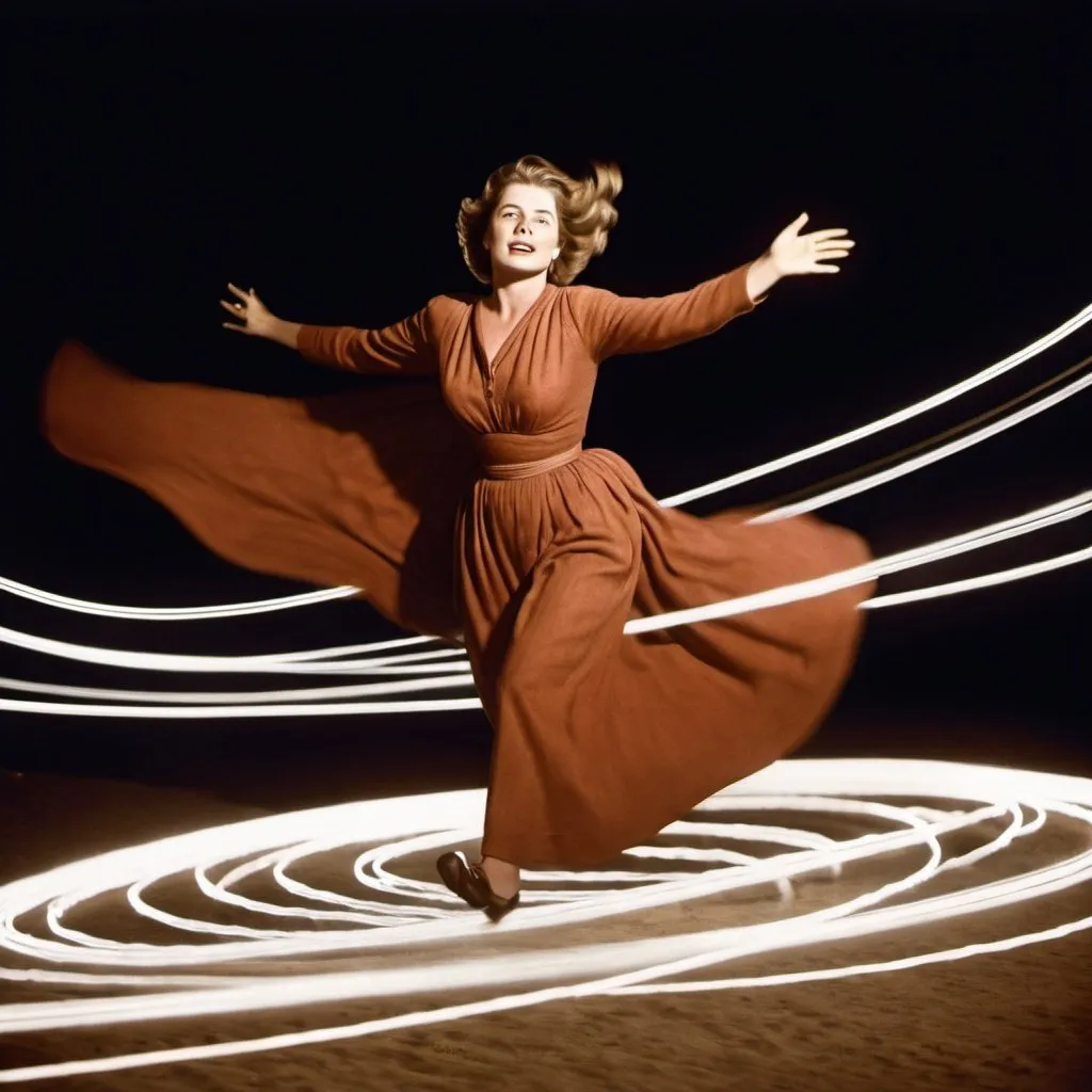 Prompt: ingrid bergman flying on a magic carpet, light trails applied