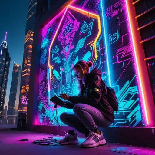 Prompt: Cyberpunk street artist creating vibrant mural on skyscraper wall, futuristic spray paint, neon-lit urban setting, detailed mural with intricate designs, high-quality, 4k resolution, urban, cyberpunk, futuristic, vibrant colors, neon lighting, detailed graffiti, street art, professional, atmospheric lighting