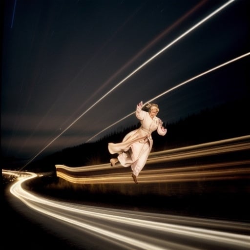 Prompt: ingrid bergman flying on a magic carpet, light trails applied, lord have mercy kind of emotional feeling evoked