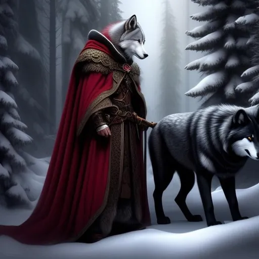 Prompt: Closeup art photography capturing a pretty girl in the red cloak posing with the wolf in the dark forest. dark studio setting, professional digital painting, realistic painting by Robert McCall, Ornate, White, Commercial Card Stock photography