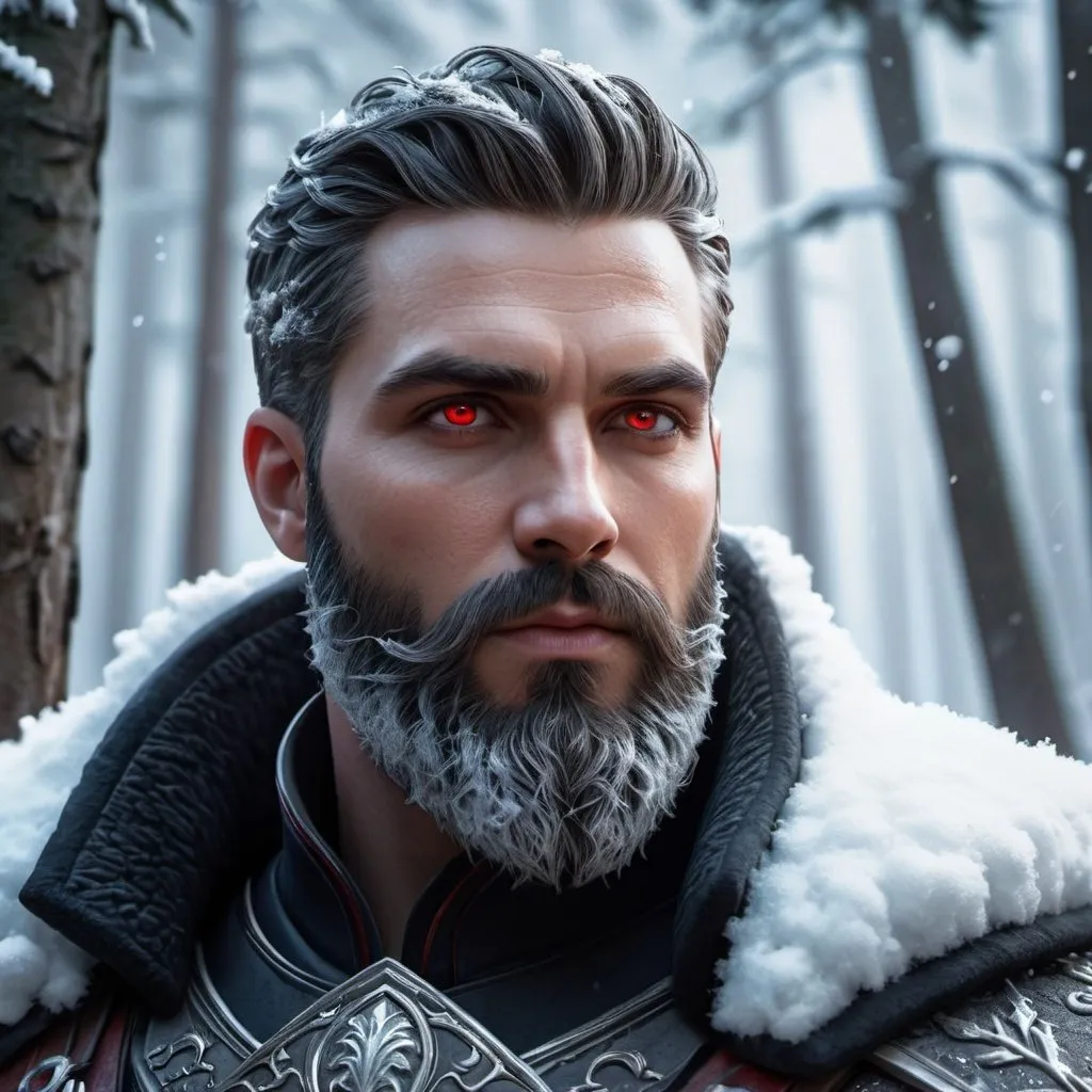 Prompt: Epic fantasy character art of a man with a beard and red eyes, snowy forest with tall trees and bushes, Brom, concept art, highres, fantasy art, detailed facial features, intense gaze, snowy landscape, atmospheric lighting, epic fantasy, cool tones, professional, 3D rendering, detailed beard