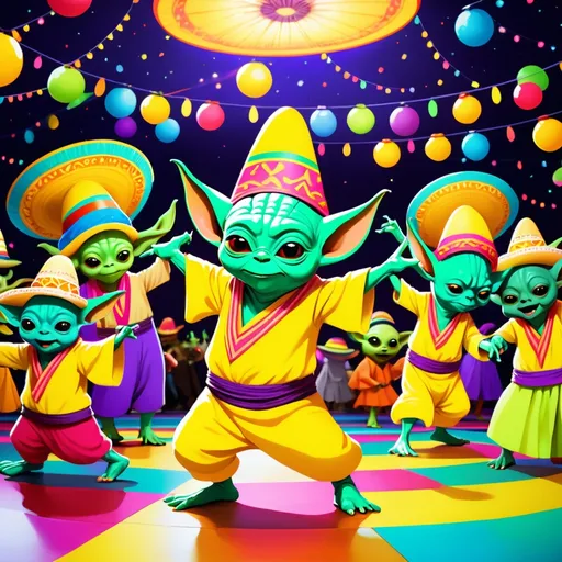 Prompt: A lively and whimsical scene of green alien Yoda-like creatures in yellow sombreros, dancing exuberantly on a colorful dance floor. The creatures have a humanoid form, with large ears and twinkling eyes. They are adorned in vibrant, mismatched clothing, and each holds a different colorful object for celebration. The background is filled with a diverse array of floating balls and decorative elements, creating a festive atmosphere.