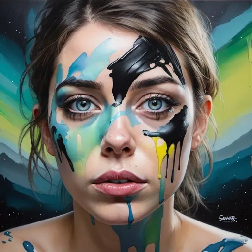 Prompt: Realistic photo, bird's eye view: A woman covered in paint, large detailed eyes, aurora background. Style: Sandra Chevrier.