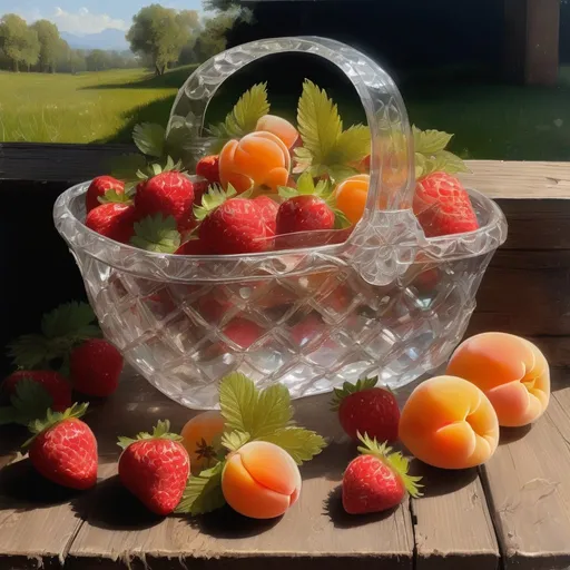 Prompt: 19th century oil painting, fresh-picked transparent crystal basket brimming with assorted transparent spring fruits, including luscious strawberries, juicy raspberries, and sun-kissed apricots. The transparent basket sits on a rustic wooden table outdoors with daisies in the grass and newly green trees visually peeking from behind, baroque style with chiaroscuro lighting effects 