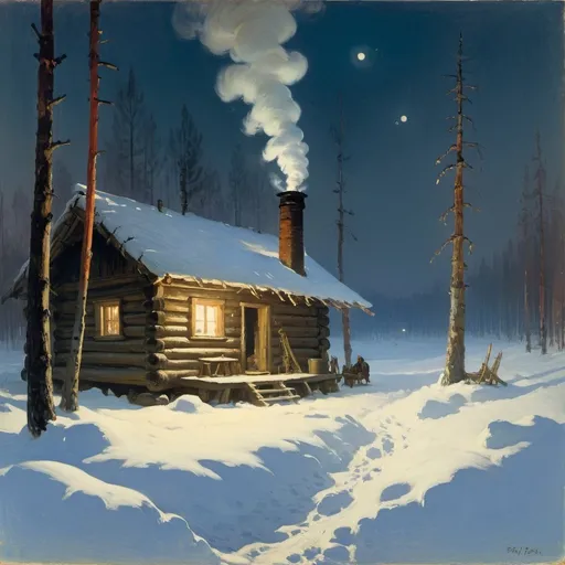 Prompt: wide scene of a siberian cabin at forest's edge in winter with smoking chimney under moonlight, by ilya repin, full resolution