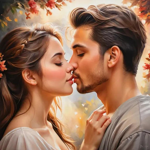 Prompt: Romantic, first kiss, young couple, traditional painting, soft brushstrokes, emotional, tender moment, natural lighting, realistic, emotional, love, traditional art style, warm tones, detailed facial expressions, high quality