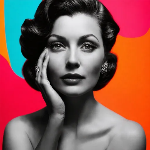 Prompt: Expressive portrait of a woman, black and white foreground, vibrant and colorful abstract background, medium shot, intricate details, soft light, delicate facial features, 1950s fashion, vintage hairstyle, dramatic composition, Nikon D850, award-winning photography, sharp focus, photorealistic, by chris moore, trending on artstation, golden hour, moody light, elegant and captivating, contrasting tones, recommended for you behance.