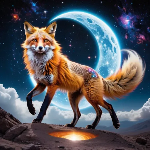 Prompt: A psychedelic fox, with a multicolored fur coat that shimmers and shines, leaps over a cosmic moon. Its eyes glow with ethereal blue, reflecting the surreal landscape of deep, starry black void speckled with twinkling stars and pulsing nebulas. The moon is warped and distorted by the gravity and forces of the universe. The fox's powerful hind legs propel it over the massive cosmic moon, its long, fluffy tail streaming behind like a comet's tail, leaving a trail of sparks and stars. The background features swirling galaxies and distant supernovas, creating a sense of awe and wonderment. This highly detailed scene has elements of d&d and fantasy, inviting the viewer to explore the vivid world of cosmic creatures and celestial landscapes.