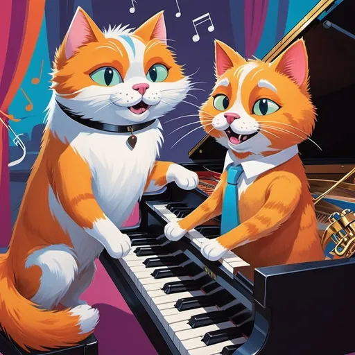 Prompt: Cat playing a grand piano, dog conducting an orchestra, whimsical and playful, cartoon style, vibrant color palette, dynamic composition, detailed fur and whiskers, expressive facial features, lively and energetic, high quality, cartoon, vibrant colors, detailed fur, dynamic composition, whimsical, playful, expressive characters, professional lighting