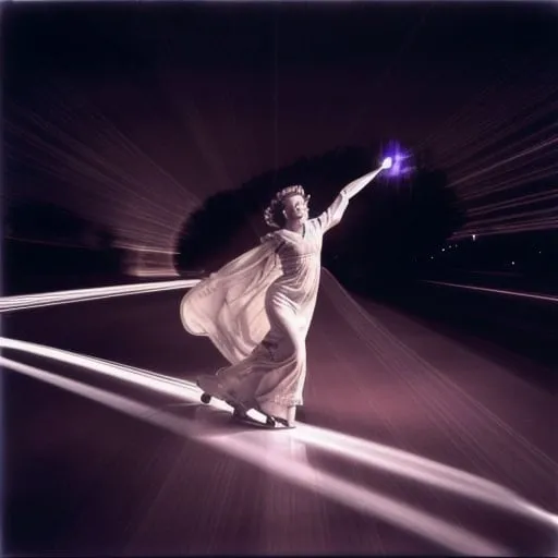 Prompt: ingrid bergman flying on a magic carpet, light trails applied, lord have mercy kind of emotional feeling evoked with what many refer to as ‘her headlights’ piercing the viewer’s eyes but in essence i’m alluding to the expression human external beauty using artistic ways