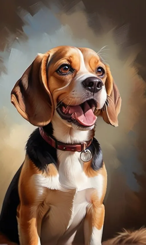 Prompt: American beagle with a cute smile, realistic oil painting, detailed fur with warm highlights, joyful expression, best quality, high-res, warm tones, realistic, detailed eyes, happy atmosphere, natural lighting