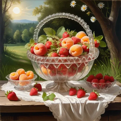 Prompt: 19th century oil painting, fresh-picked transparent crystal basket brimming with assorted transparent spring fruits, including luscious strawberries, juicy raspberries, and sun-kissed apricots. The transparent basket sits on a rustic wooden table outdoors with daisies in the grass and newly green trees visually peeking from behind, baroque style with chiaroscuro lighting effects 