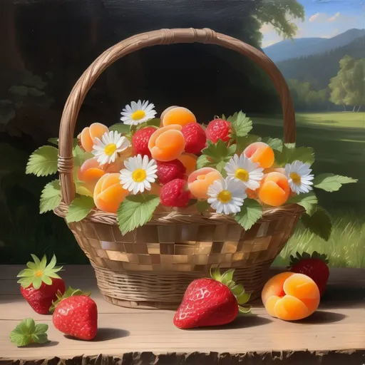 Prompt: 19th century oil painting, fresh-picked transparent crystal basket brimming with assorted transparent spring fruits, including luscious strawberries, juicy raspberries, and sun-kissed apricots. The transparent basket sits on a rustic wooden table outdoors with daisies in the grass and newly green trees visually peeking from behind, baroque style with chiaroscuro lighting effects 