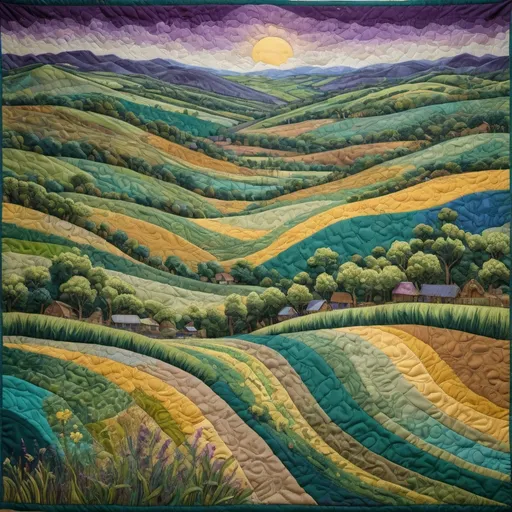 Prompt: Vibrant tapestry of a quilted landscape featuring patchwork fields in myriad shades of green and yellow, stitched together with a network of tiny, brown dirt paths. Undulating rolling hills in the middle distance are given depth with patches of darker and lighter green. The sky is a canvas of rich purples and blues, stippled with a smattering of twinkling stars. Overall, the atmosphere is energetic, but also harmonious.