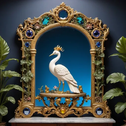 Prompt: A large, ornate antique mirror adorned with intricate gold filigree and precious stones. Its ornate frame is made of polished wood, intricately carved with mythical creatures and foliage. The mirror's surface seems to glow with a soft, ethereal light, casting a warm, otherworldly glow onto the surrounding area. Upon looking into the mirror, one would see a stunning, enchanted garden filled with lush foliage, vibrant flowers, and exotic birds singing sweet melodies. A small pond lies in the center of the garden, reflecting the image of a beautiful princess as she sits upon a marble bench, lost in thought. The sky above is a perfect shade of blue, with puffy white clouds drifting lazily across it. However, when the viewer turns away from the mirror, they find themselves standing in a dimly lit, dusty attic, surrounded by old furniture and forgotten trinkets. The mirror's reflection shows a completely different reality, one of magic and enchantment, while the reality before them is ordinary and mundane