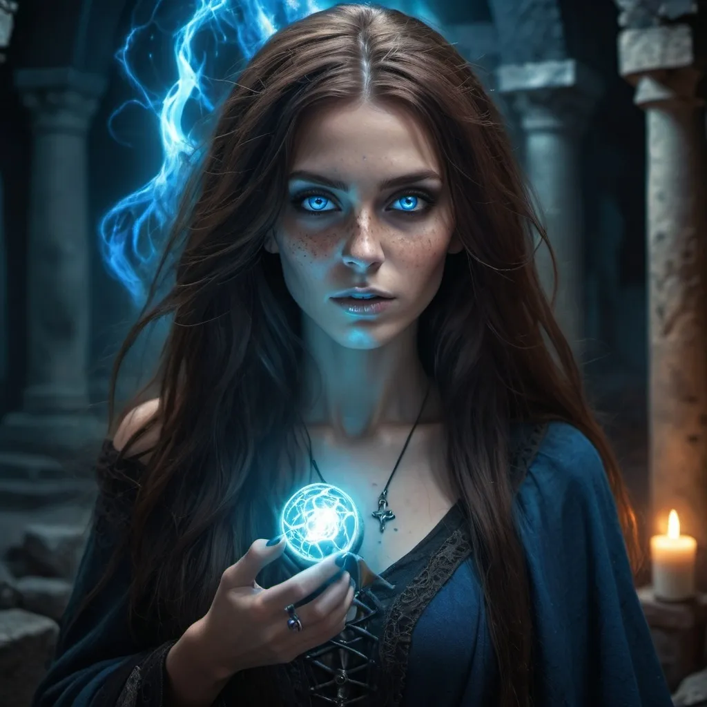 Prompt: beautiful necromancer witch with long brown hair, blue eyes with freckles. raising the dead