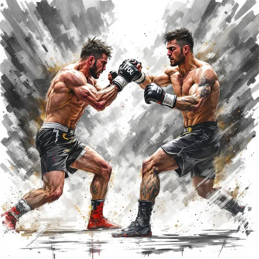 Prompt: An Mixed martial arts fight ongoing with two human fighters in action

