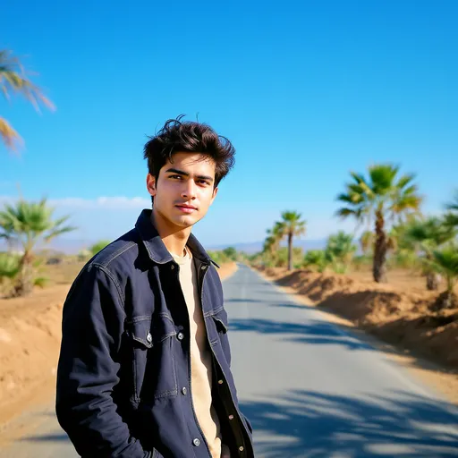 Prompt: Standing confidently on a sunlit roadside, a young man catches the eye with his stylish jacket and casual attire. His dark hair, slightly tousled by the gentle breeze, complements the expression of quiet determination on his face. The surrounding landscape, dotted with sparse trees and palm foliage, emphasizes the serene nature of the setting under a clear blue sky. The road curves gently into the distance, suggesting a journey, while the earthy tones of the terrain contrast beautifully with his outfit, creating a harmonious yet vibrant atmosphere. The scene encapsulates a moment of youthful exploration in a tranquil, rural environment.