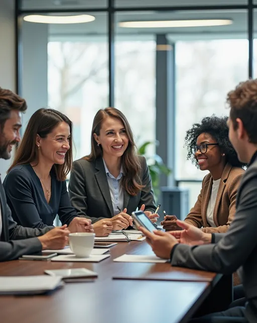 Prompt: A diverse group of professionals in smart-casual office wear sitting around a table in a modern office, with notepads, digital tablets, and coffee cups. One person is guiding the conversation, others are listening attentively. Bright, natural lighting from large windows. Friendly, supportive atmosphere. Suitable for the front cover of a coaching and mentoring toolkit booklet.