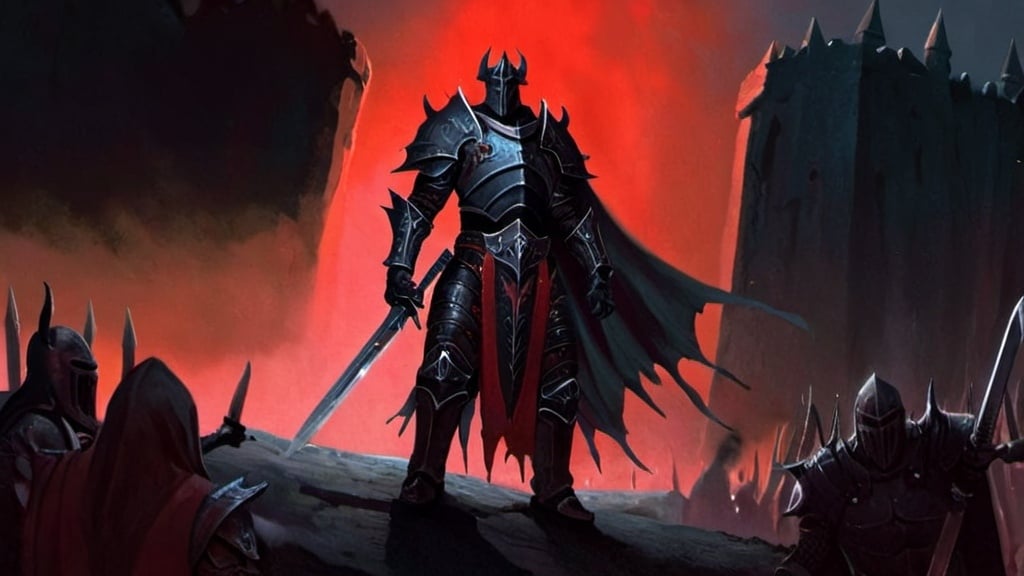 Prompt: A painting of a Hellknight with a sword, black armor with red accents, dark lighting, fantasy.