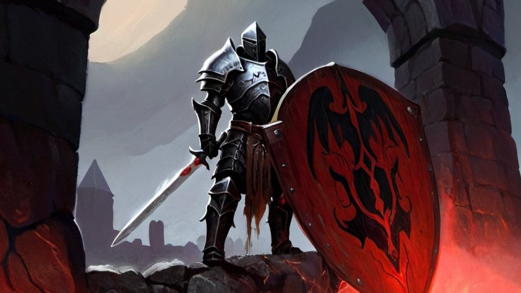 Prompt: A painting of a Hellknight with a sword and shield, black armor with red accents, dark lighting, pathfinder fantasy.