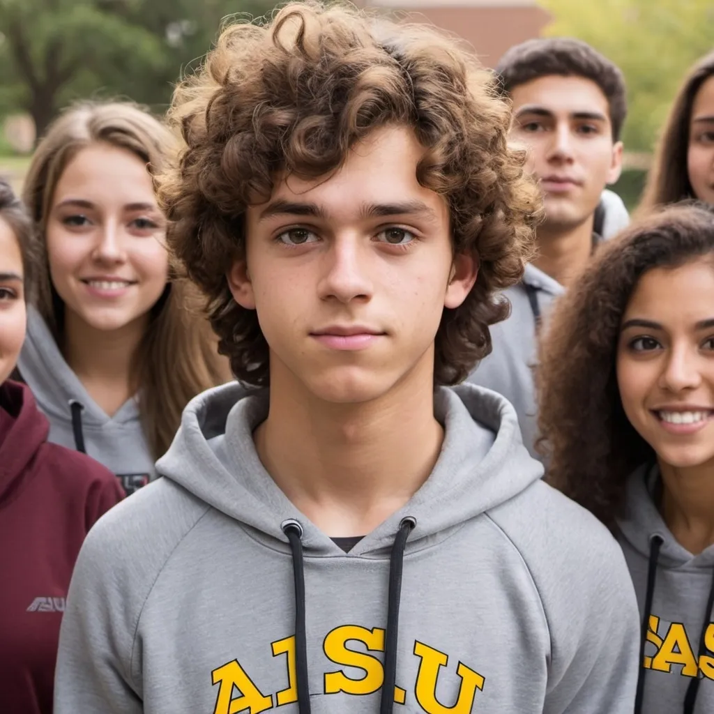 Prompt: bunch of university kids, on a prestigious campus, main character is an athletic boy with brown curly hair, that covers some of his forehead, standing in the middle wearing a grey hoodie sweatshirt that say ASU. We're trying to portray a group of people gathering to support a cause... fair trade.