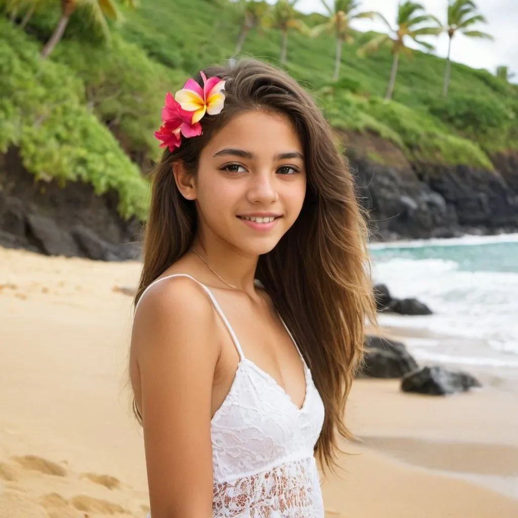 Prompt: Create an image of a beautiful seventeen year old colombian girl on the beach in hawaii