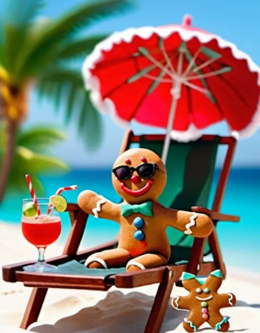 Prompt: A gingerbread man relaxing on a beach chair on the beach. He has  cucumbers over his eyes (like at a spa), he is holding a suntanning mirror to tan himself, and on a small table next to him he has a cocktail drink with a cocktail umbrella in it. Under the main image reads the caption "Gone on Holiday" in a fun teopical christmas font and colors.