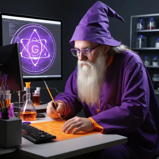 Prompt: imagine a series of pictures for my new business of creation of websites. my business is call digiwizlab so the pictures should show a wizard with purple/orange colors working on digital work in he's laboratory 