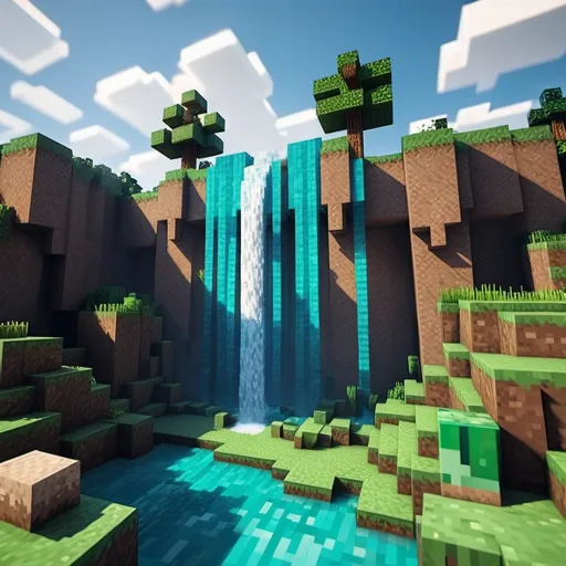 Prompt: Minecraft themed waterfall with cloudy sky background