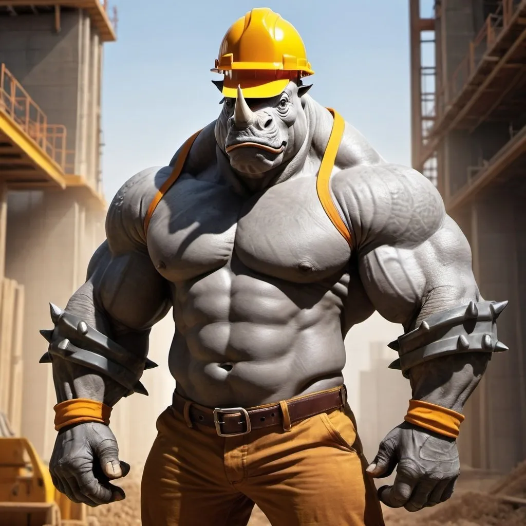 Prompt: A muscular rhino man wearing a construction hat who is an engineer