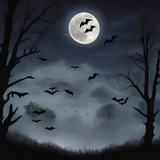 Prompt: Moon at night with mist and bats.