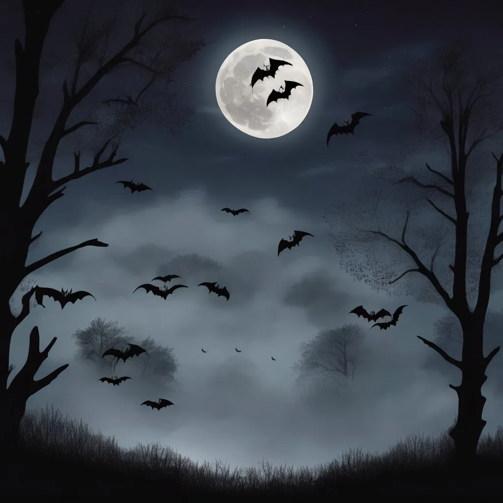 Prompt: Moon at night with mist and bats.