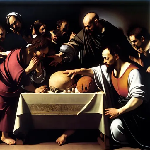 Prompt: crea un immagine sacra ispirandoti ai dipinti di Caravaggio dove c'è un tavolo sulla sinistra, intorno al quale ci sono 5 uomini  seduti e vestiti con abiti del seicento. Due di questi uomini seduti guardano i soldi sul tavolo in monete d'oro e argento, altri tre hanno il viso alzato e guardano a sinistra. Altri due uomini sono in piedi e distanti dagli altri compiono il gesto di indicare il tavolo. La scena è piuttosto scura e una luce tagliente entra dalla destra dell'immagine e invade tutta la scena creando ombre nette e scure