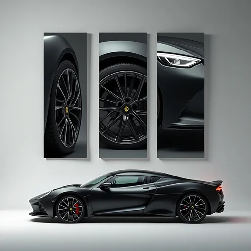 Prompt: A luxury black Lotus Emira 4cyl ‘AMG sports car on a clean studio background, side profile view at the bottom with three vertical cutout panels above showing close-ups of the rear, wheel, and front headlight, modern minimalist layout, high contrast lighting, soft shadow below the car, lotus emira branding below, automotive advertisement style