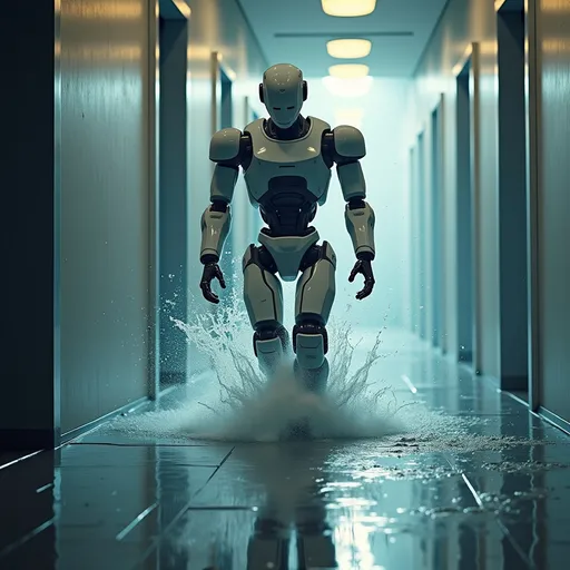 Prompt: a robot running from a massinve wave in a damp hallway