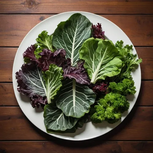 Prompt: Leafy greens on a fancy plate which is on a wooden table.