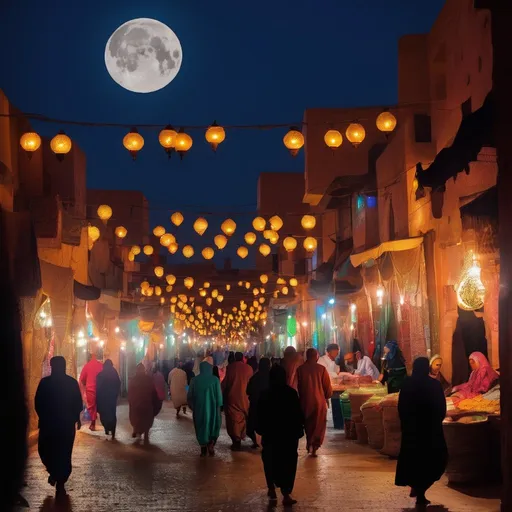 Prompt: ramadan moon people in sooq and colorfull lights in morocco at morning


