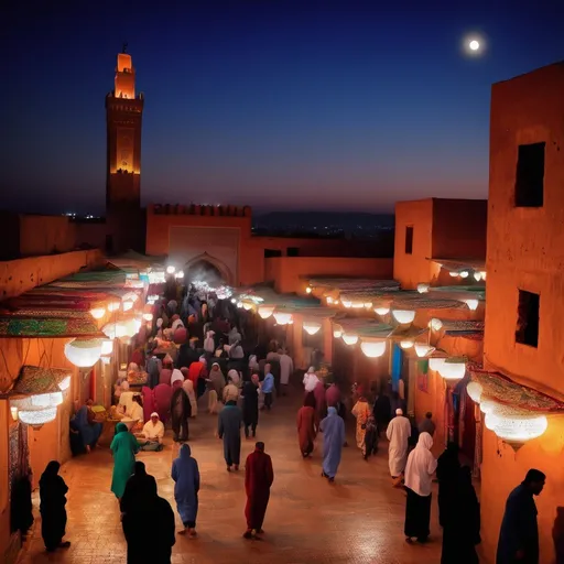Prompt: ramadan moon people in sooq and colorfull lights in morocco at morning


