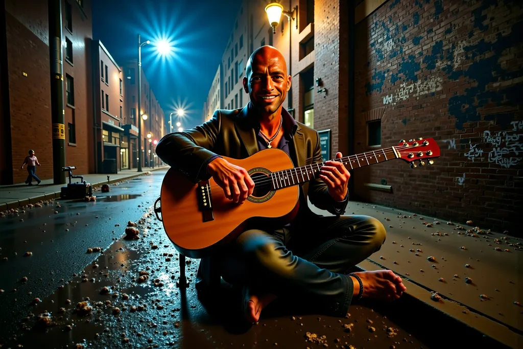 Prompt: photorealistic overhead view of a bald man with striking blue eyes and a tan complexion, sitting cross-legged on a damp, cracked pavement in a dark, dreary alleyway. He is playing his acoustic guitar, dressed in a loose-fitting, earth-toned bohemian outfit, including a flowing patterned tunic, layered scarves, and distressed but comfortable pants. The faint, flickering light of a streetlamp casts dramatic shadows against graffiti-covered walls, while scattered debris and rainwater pooling around him reflect the dim, moody lighting. The atmosphere is cold and desolate, yet his serene posture and soulful presence exude a hauntingly intimate energy, contrasting with the somber surroundings