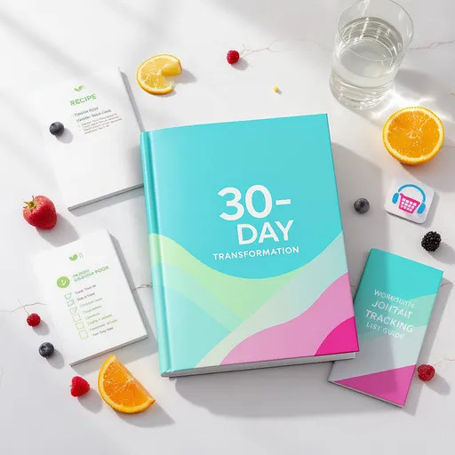 Prompt: Affichage numérique moderne de l’ensemble des produits pour un programme de perte de poids « Transformation en 30 jours ». Comprend un élégant e-book ouvert (guide principal) intitulé 'TRANSFORMATION 30 JOURS' avec une couverture dégradée propre et vibrante (bleu clair/vert/magenta). Autour de lui se trouvent de plus petites maquettes de produits numériques : un livre de recettes (icône d’alimentation saine), un journal d’entraînement/suivi (icône de liste de contrôle), un guide de liste de courses (icône de panier) et une petite carte audio (icône d’écouteur). Tous les éléments sont stylistiquement cohérents, minimalistes et rendus de manière professionnelle. La composition est dynamique, propre et lumineuse, posée sur une surface légère et neutre. Les accents comprennent quelques fruits frais et colorés (baies, tranches d’agrumes) et un verre d’eau, subtilement placé. Éclairage naturel doux, faible profondeur de champ, haute résolution, très attrayant et inspirant