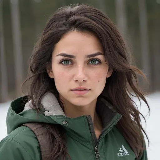 Prompt: woman 
Height and Build: 5.8", athletic and toned
Hair: Dark brown, slightly wavy, tousled
Eyes: Deep green, with a hint of sadness and determination
Scar: Small scar above her right eyebrow
Overall Look: Rugged appearance from exposure to the elements
