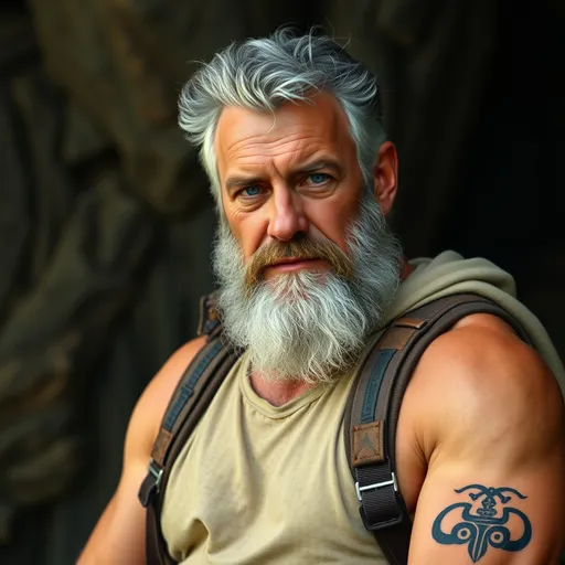 Prompt: Basic Information

Name: John Harper		Age: Late 60s (at the time of his rediscovery)

Profession: Renowned Explorer and Archaeologist

Background: Father of Alex Harper, disappeared during an expedition in the Bermuda Triangle 30 years ago


Physical Description

Height: 6'2"

Build: muscular, with the rugged look of someone who has lived a life of adventure

Hair: Gray and weathered, with a full beard

Eyes: Bright blue

Distinguishing Features: Deep lines on his face from years of exposure to the elements, a tattoo of an ancient symbol on his forearm